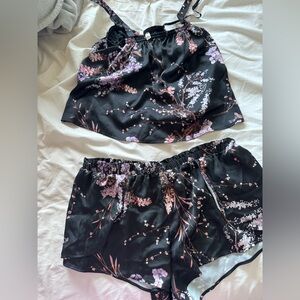 La Vie En Rose Black Floral Satin Cami & Short Set - Pink & Purple Floral